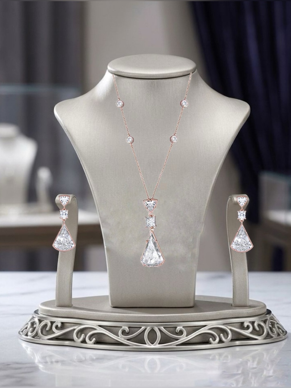 Thomas Laine Lucille Rose Gold Sterling Silver CZ Pendant & Drop Earrings Set